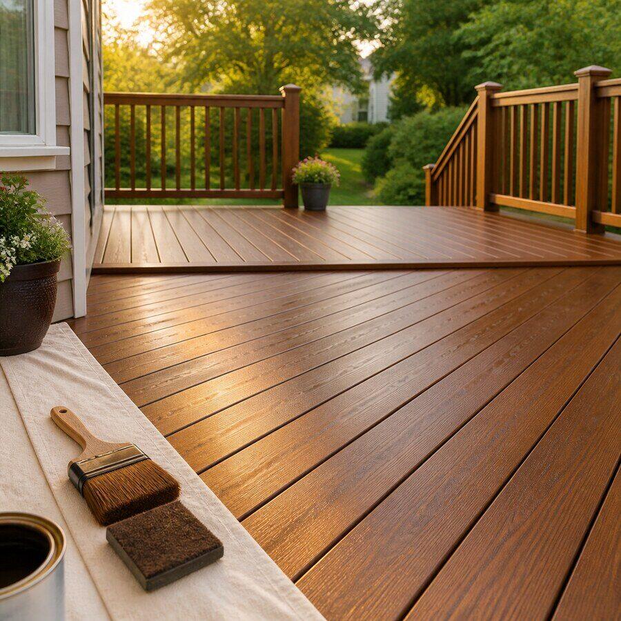 Wood deck boards finished with warm stain