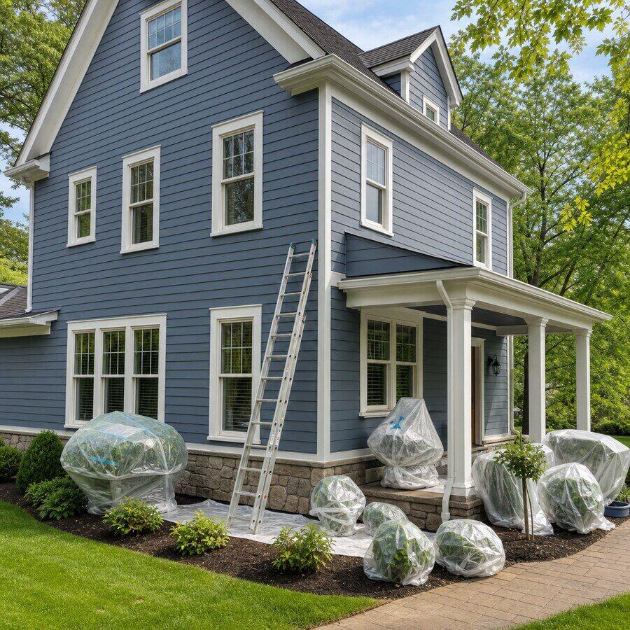 Freshly painted blue exterior with crisp white trim, prepped for painting