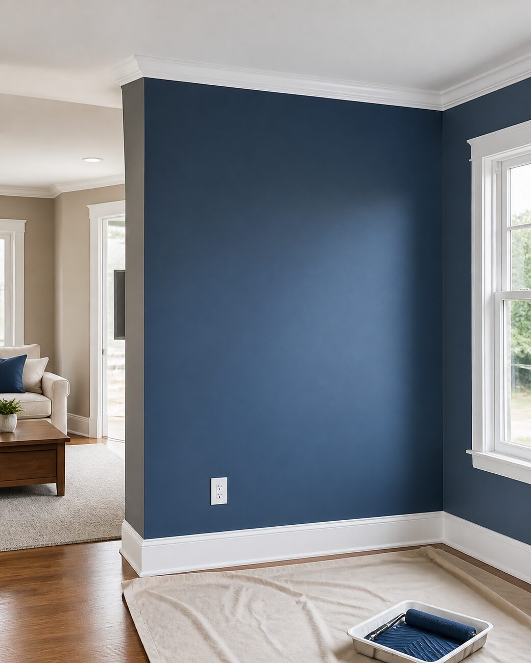 Freshly painted blue accent wall with crisp white trim