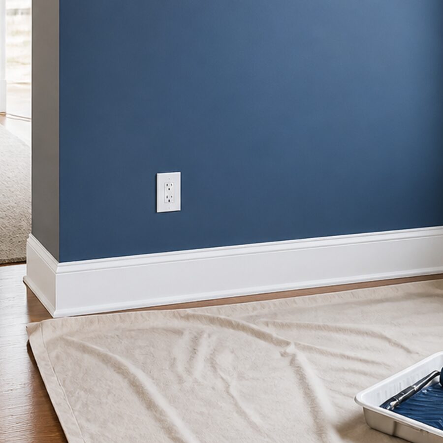 Crisp white trim against a blue painted wall
